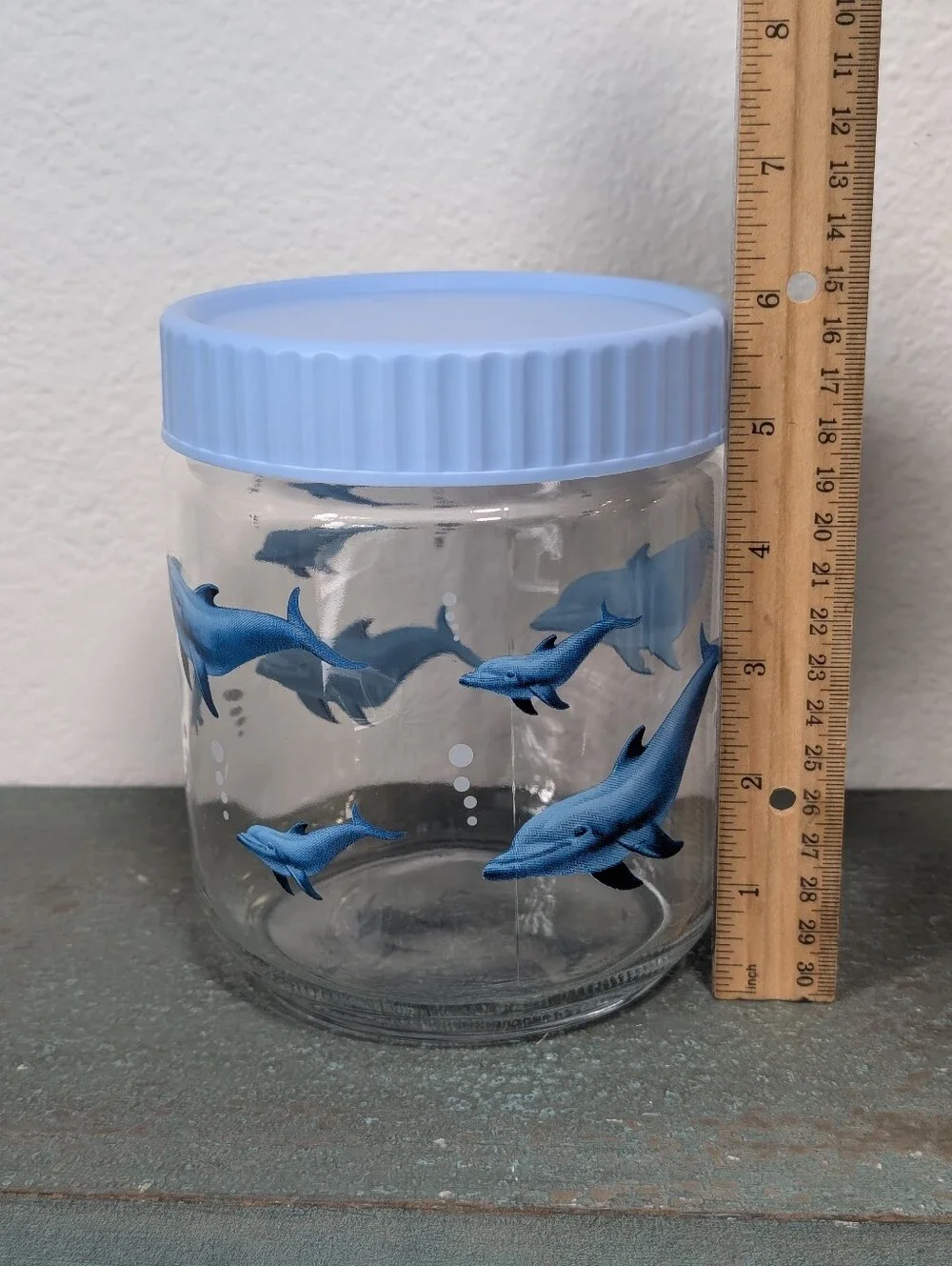 Windsor Blue Dolphins Clear Glass Screw On Lidded Storage Apothecary Candy Jar